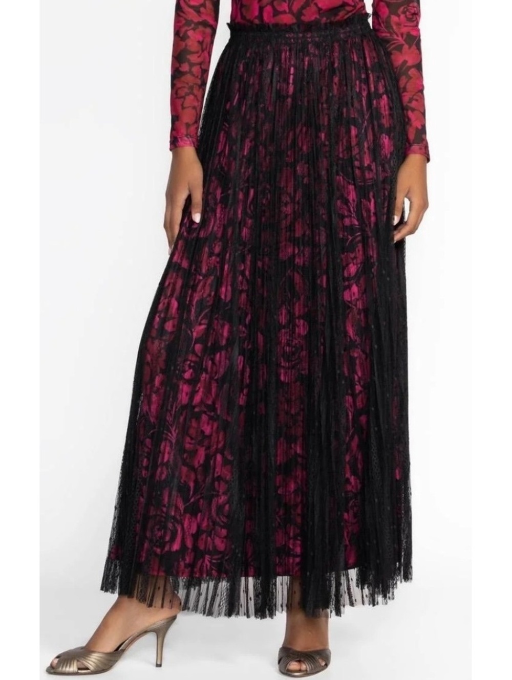 JADE Johnny Was Yolanda Maxi Skirt Black Pink Floral Lace Pleated Boho Large NWT
